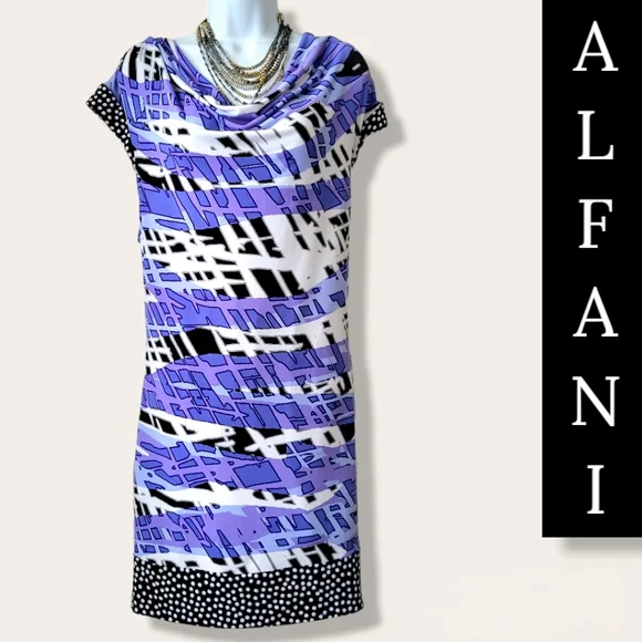 Scoop Drape Neck ALFANI Dress Womens XL Cap Sleeves Stretch Blue Black Purple - Picture 13 of 13